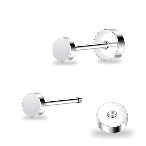 ZDE Women Earrings Flat Back Dot Earrings Titanium Hypoallergenic Cartilage Non-Nickel Earrings Studs for Sensitive Ears Simple Classic 3mm/4mm/5mm/6mm Screw On Stud Earring - color: Silver, size: 3MM
