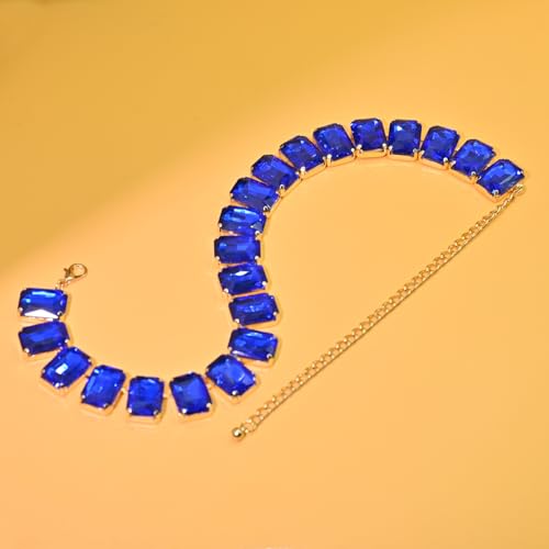 Fashionable Chunky Plated Tennis Rhinestone Statement Necklace Jewelry Set for Women Multicolor gem necklace with Great Sparkle and Shine Design for Women to Easy Match - color: navy blue square rhinestone