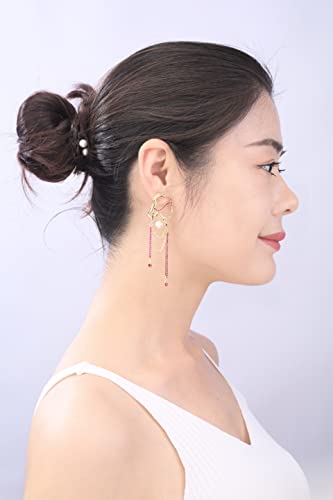 Unique Abstract Face Art | Dangle Statement Long Earrings for Women | Rhinestone Tassel Handmade Chandelier Earrings - color: Golden Red Diamond