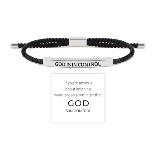 God is in Control Tube Bracelet for Women Men, Handmade Braided Adjustable Inspirational Bracelets Stainless Steel Christian aith Jewelry for Christmas Birthday Gifts - color: Silver-Black