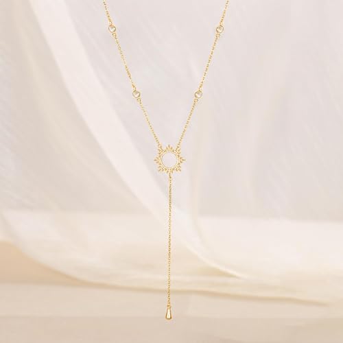CHESKY Long Necklaces for Women, 14k Gold Plated/Streling Silver Lariat Necklace Dainty Statement Prom Necklace Rosary Cross Sun Drop Pendant Dangle Necklace Gold Prom Jewelry for Women Gifts - style: y necklace 06
