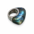 Blue Green Labradorite Stone Statement Ring – Iridescent Polished Gem Look Silver Tone Band – Handmade Bold Fashion Jewelry for Women & Men - size: 7