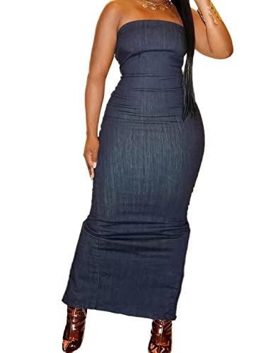 Flamingals Sexy Off Shoulder Sleeveless Maxi Dress for Women Zip Back Split Hem Party Long Dress - color: Dark Blue, size: Large