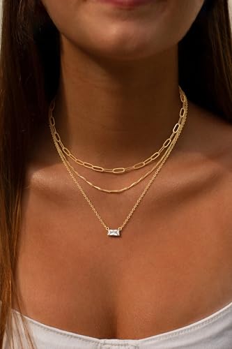 BERISO 14K Gold Plated Layered Necklace for Women, 3 Layer Dainty Gold Necklace with Minimalist Pendant, Elegant Everyday Gold Jewelry Gift - style: layered necklace-E