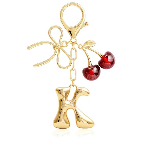 Cute Initial Cherry, Bow, Heart & More Styles - Personalized Keychain Bag Charms & Purse Accessories for Handbags - color: Red Cherry, style: K