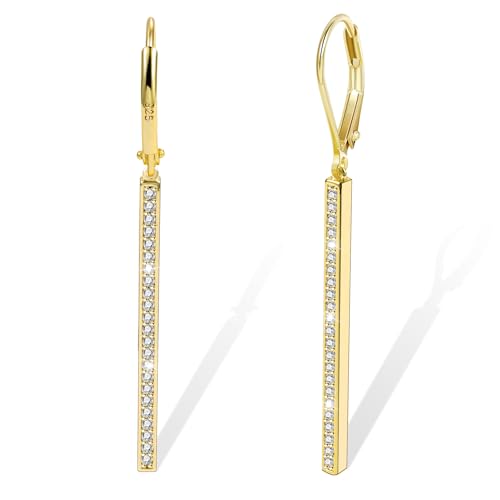 Silver Bar Dangle Drop Earrings for Women, 14K Gold French Style Leverback Dangle Drop Earrings, Hypoallergenic Jewelry - color: CZ 14K Gold