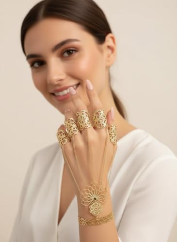 Gold Ring Bracelet Hand Chain Renaissance Jewelry Boho Floral Hand Chain Bracelet Fantasy Accessories For Women