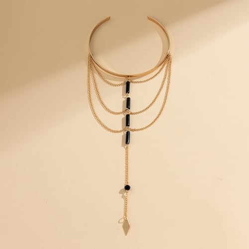 Punk Long Chain Tassel Arm Cuff Boho Turquoise Stone Pendant Arm Bangle Bracelet Vintage Arrow Armlet Open Adjustable Upper Armband Beach Wedding Arm Jewelry for Women - color: Black turquoise