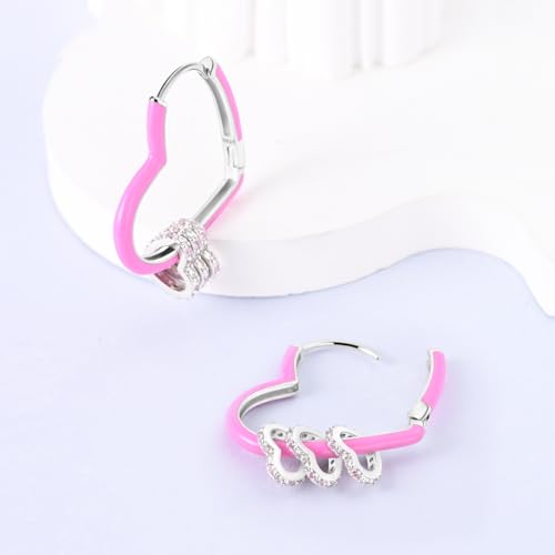 Parmuz 925 Sterling Silver Earrings Hoops for Women Ladies Simple Lightweight Twisted Medium Hoop Earrings With Cubic Zirconia Hypoallergenic Jewelry for Her - color: Pink double heart earring