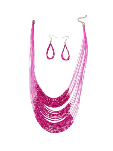 Bohemian Colorful Beaded Earrings Necklace Geometric Teardrop Dangle Earrings Multi-layered Stackable Choker Necklaces Boho Seed Bead Chain Statement Beach Party Accessories - color: Rose Red