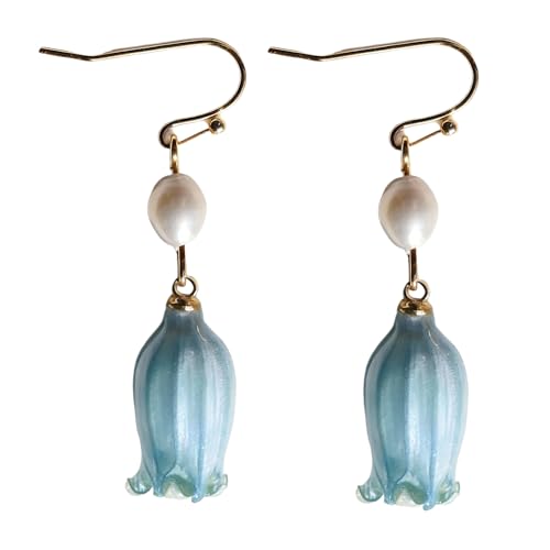 All natural delicate Campanula flowers paired with pearl drop earrings are handmade and unique，Vintage-Style Pearl Drop Earrings, Blue Glass Bell Flower Design, Gold-Tone Hooks，Real Preserved Bellflower & Freshwater Drop Earrings | Handmade Hypoallergenic