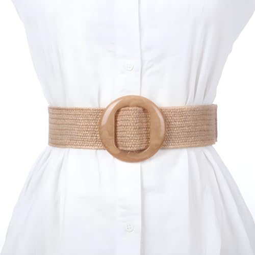 beltox fine Women PP Straw Braided Elastic Belt Solid Color with Round Buckle - color: Brown, size: XS-XL(28-40 inch stretch range)