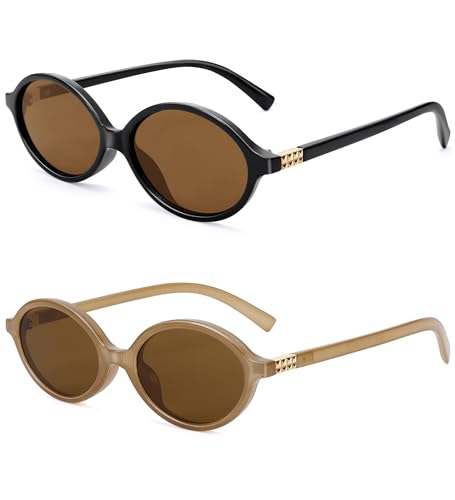 NULOOQ Retro Oval Sunglasses for Women 90s Trendy Vintage Small Round Sunnies Shades - color: A4* (Black/Brown + Dark Brown/Brown) - 2 Pack