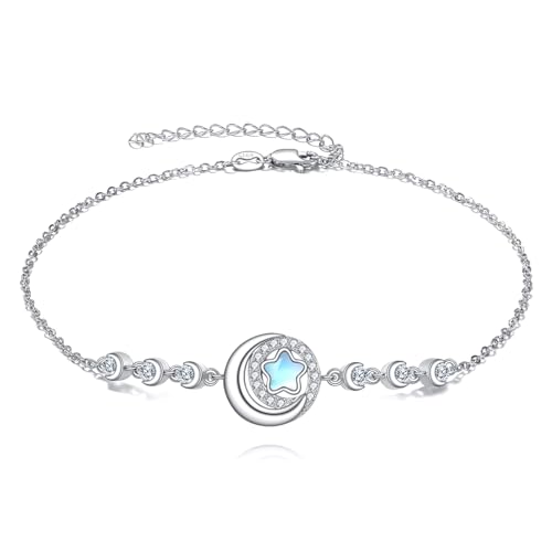YAFEINI Ankle Bracelets for Women Sterling Silver Mermaid Turtle Ladybug Butterfly Moon Star Pineapple Anklet Link Chain Anklets Jewelry Gifts for Women - style: Star moon anklet