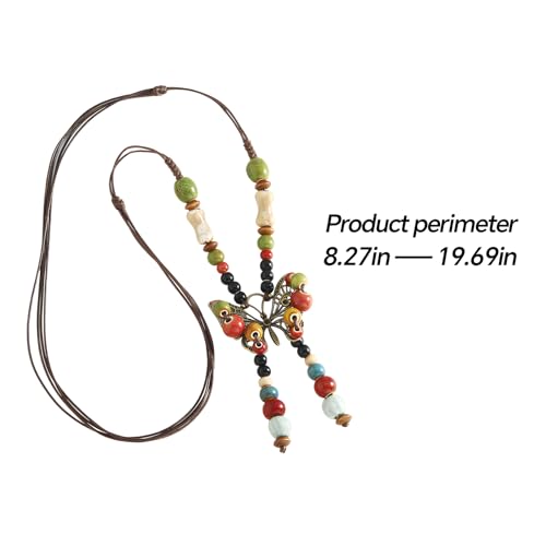 Boho Necklace for Women,Vintage Butterfly Pendant Necklaces,Adjustable Wooden Beads Layered Braided Choker,Fashion Tribal Style Leather Rope Necklace Jewelry,Chunky Statement Gift for Women - color: Colorful3