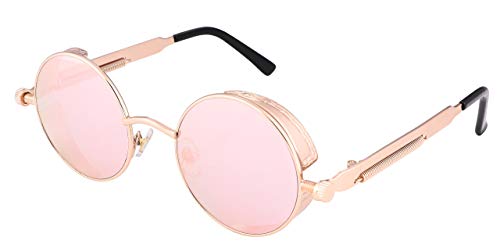 FEISEDY Retro Gothic Steampunk Sunglasses Round Metal Frame Punk Circle Inspired Shade Men B1857 - color: Gold/Pink