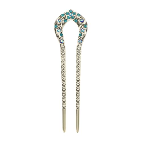 Lurrose Double Prong Hair Pin U Shaped Crystal Chignon HairPin Stick Hairstyle Accessory for Women Girls(Blue) - color: Blue