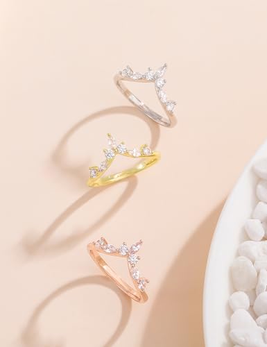 Mameloly Wedding Bands for Women Curved Marquise & Round 14K Gold Plated Dainty Stackable Cubic Zirconia CZ V Shaped Engagement Rings for Her Size 3-12 - color: 14K Gold Plated