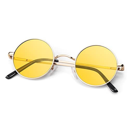 Round Polarized Sunglasses Men Women,Retro Metal Hippie Shades with 100% UV Protection - color: A06- Golden Frame Yellow Lens