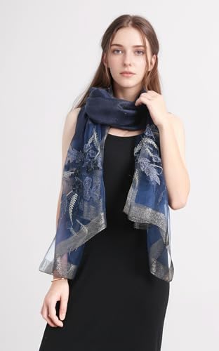 Jeelow Silk Blend Floral Fashion Scarf Shawl Wrap Lightweight Sheer For Women Floral Embroidery Wedding Party Prom - color: Blue Graffiti
