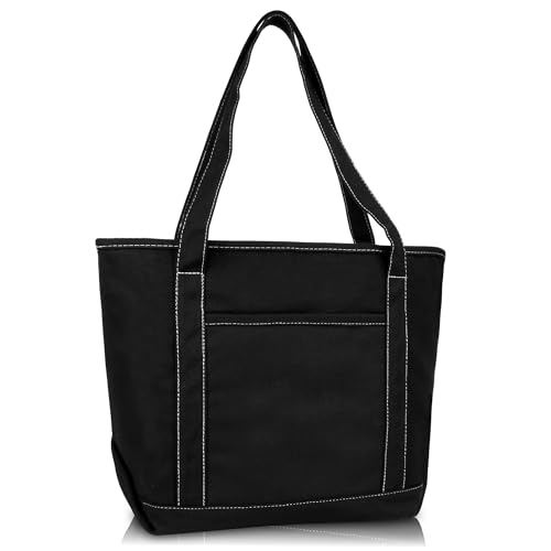 DALIX 20" Solid Color Cotton Canvas Shopping Tote Bag in Black-White - color: Black-white