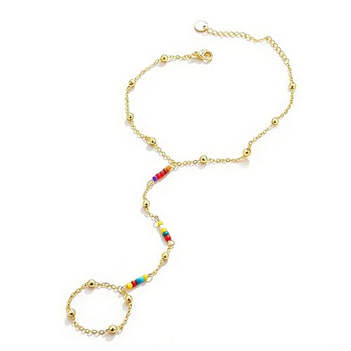 Hand Chain Bracelets for Women - 14K Real Gold Plated Dainty Stackable Paperclip Link Bracelets Hand Chain Bracelet Ring Gold Bracelets for Women Trendy - color: Colorful Beaded Hand Chain