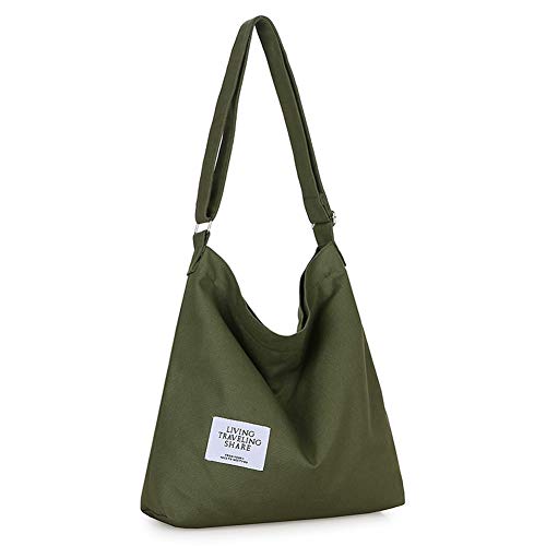 Covelin Women's Retro Large Size Canvas Shoulder Bag Hobo Crossbody Handbag Casual Tote - color: Black Olive