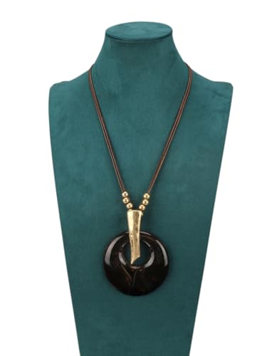 GelConnie Long Necklaces for Women Boho Large Pendant Necklace Casual Bohemian Brown Leather Choker Sweater Circle Statement Stone Necklace - style: Black Round Necklace