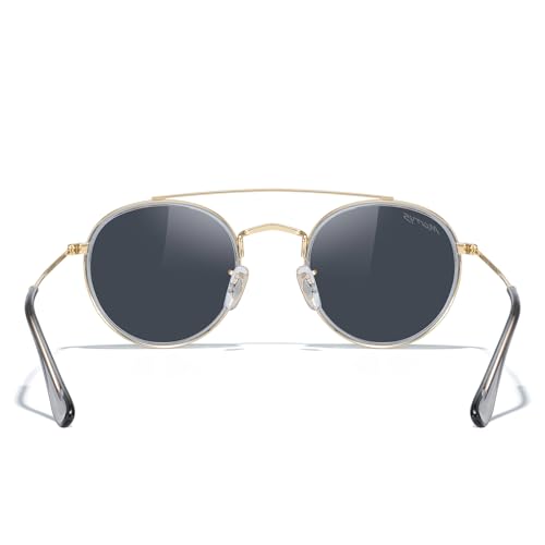 MERRY'S Retro Round Polarized Sunglasses - Unisex Double Bridge Sun Glasses - color: Tra Gray Frame/Gold Bridge/Black Lens