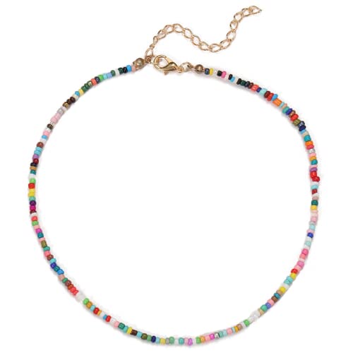 Roe Dolph Colorful Beaded Necklaces for Women Boho Beaded Necklace Beach Surfer Jewelry Handmade White Pink Blue Beads Summer Outfits Accessories - color: B4-Color Beaded Necklace