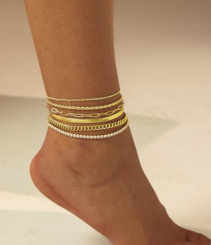 DEARMAY 14K Gold Plated Ankle Bracelets for Women Waterproof - Dainty 6Pcs Anklets Layered Cuban Link Chain Herringbone Cute Anklets Set Pack Summer Beach Jewelry Gift for Women Teen - color: Gold Anklet A