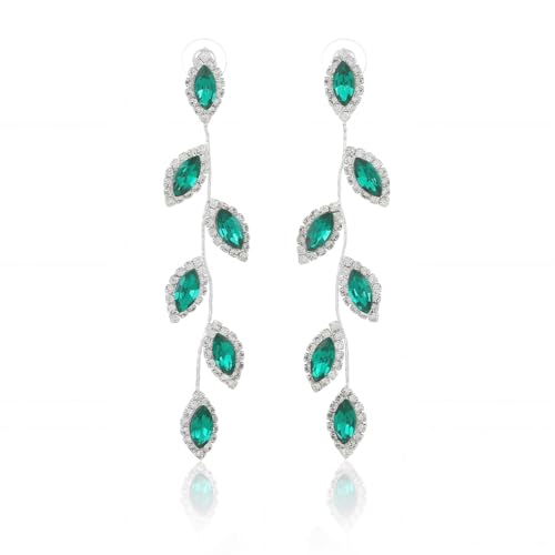 Catery Crystal Wedding Earrings Rhinestones Dangling Earrings Leaf Bridal Ear Jewelry for Brides and Women - color: Green