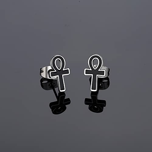REVEMCN 925 Sterling Silver and Stainless Steel Cross Stud Earrings for Women Men, 3 Pairs - color: Black Ankh Earrings