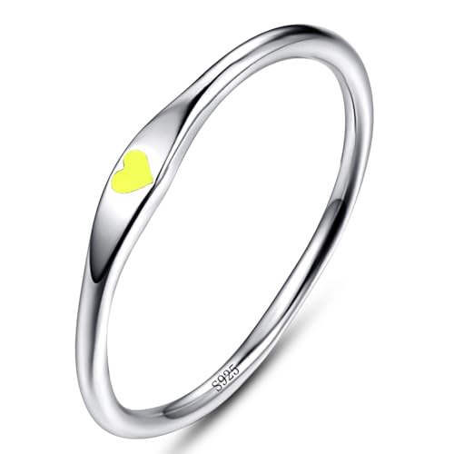 925 Sterling Silver Heart Ring for Women, 1mm Ultra Thin 14K Plated Gold Hypoallergenic Wedding Band with Black/Yellow/Red/Blue/Pink Love, Promise Stack Travel Jewelry Gifts Size 5-10 - color: E-Silver-Yellow