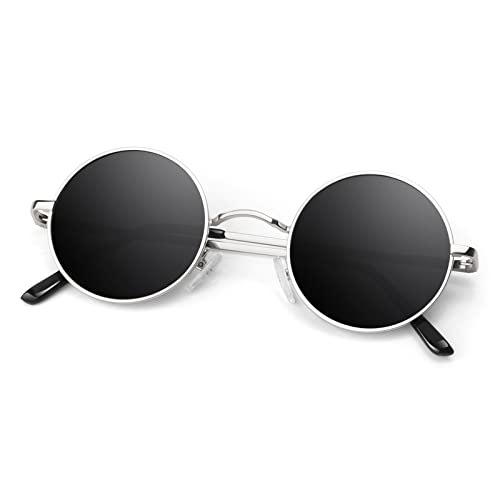 Round Polarized Sunglasses Men Women,Retro Metal Hippie Shades with 100% UV Protection - color: A08- Silvery Frame Black Lens