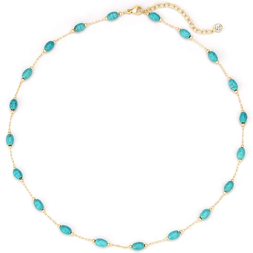 Created Turquoise Necklace for Women 14K Gold Plated Beaded Heart Choker Boho Necklaces Handmade Beach Summer Everyday Western Jewelry Gifts - color: Gold Chain, style: Oval