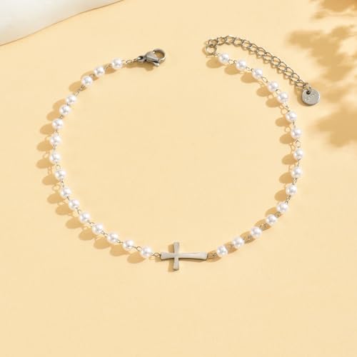 Cross Anklets for Women, 18K Gold Plated Dainty Ankle Bracelets with Colorful Beads Pearl Anklet, Adjustable Religious Christian Satellite Cross Chain, Waterproof Boho Summer Beach Jewelry - style: Multi Pearls Cross-White Gold