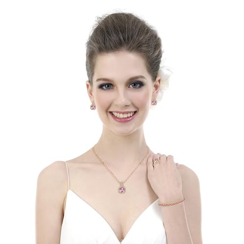 Paxuan 4pcs Cubic Zirconia Wedding Jewelry Sets for Bride Bridesmaid Cubic Zirconia Pendant Necklace Earrings Link Tennis Bracelet Open Ring Set for Women - color: Gold Plated Pink Cubic Zirconia
