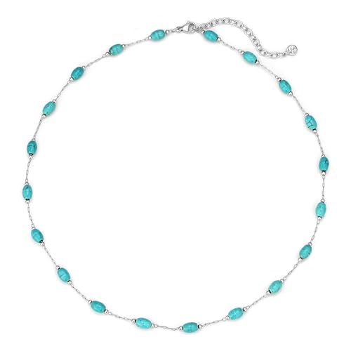 Created Turquoise Necklace for Women 14K Gold Plated Beaded Heart Choker Boho Necklaces Handmade Beach Summer Everyday Western Jewelry Gifts - color: Silver Chain, style: Oval