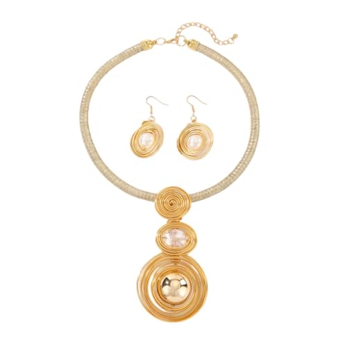 Large Spiral Pearl Rhinestone Pendant Necklace Earring Set for Women Handmade Chunky Statement Collar Choker Fashion Ethnic Tribal Wire Wrapped Adjustable Rope Chain Banquet Party Dress Jewelry - color: Gold