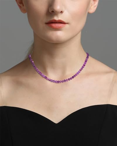 Simple Choker Necklace for Women Real Stone and Crystals Necklaces 4mm Beaded Choker Jewelry Meditation Gift for Women (16"+2") - style: Amethyst