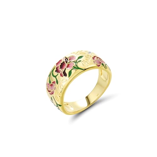 Santuzza 925 Sterling Silver Enamel Flower Pattern Ring for Women - color: Peony-Red