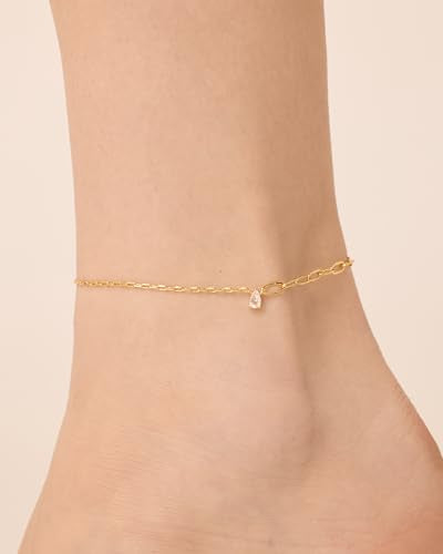 PAVOI 14K Gold Plated Anklet for Women - Trendy Link Chain Ankle Bracelet Summer Jewelry - Boho Dainty Anklets with Cubic Zirconia, Beaded, Evil Eye, Star, Station, Pearls Adjustable Gold Jewelry - style: Solitaire