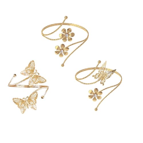 COLORFUL BLING 3PCS Upper Arm Bracelet Gold Silver Chunky Cuff Bracelets Flower Butterfly Armband Set for Women Irregular Minimalist Open Wide Coil Band Bangle Boho Jewelry - style: Set 1