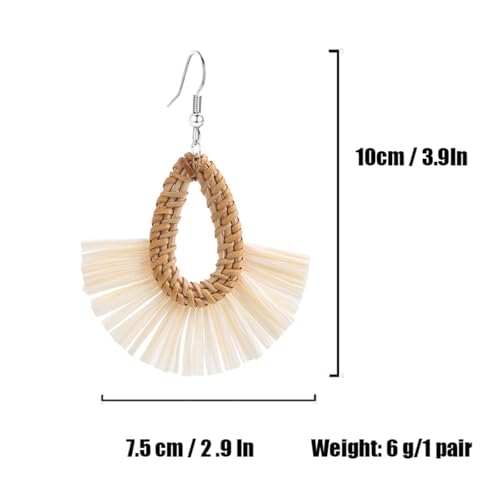 Boho Summer Beach Earrings for Women Lightweight Straw Wicker Earring Statement Raffia Fan Round Tassel Dangle Drop Earrings Hawaii Jewelry - style: White Teardrop