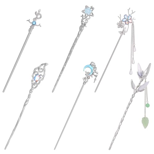 6PCS Star Moon Hair Sticks for Buns Asian Vintage Hair Chopsticks Chinese Hanfu Costume Retro Vintage Fancy Headpieces Accessoriesfor Girls Women