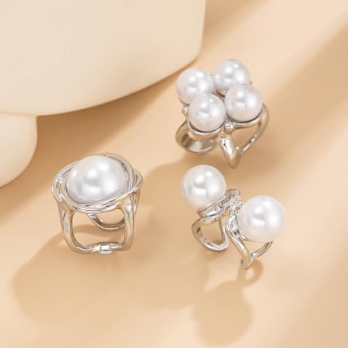 Gold Pearl Rings for Women Chunky Baroque Pearl Ring Open Adjustable Pearls Ring Boho Prom Costumes Jewelry Accessories - color: Silver