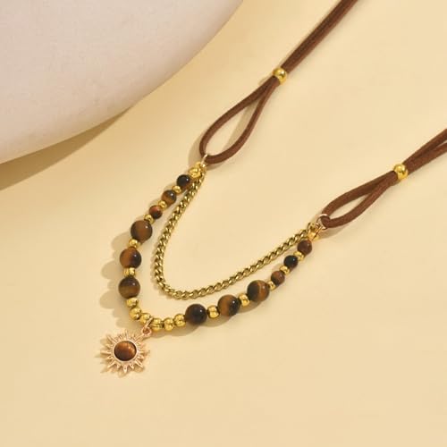 MYANAIL Tigers Eye Stone Sun Pendant Layered Necklaces for Women 14K Gold Maillard Tiger's Eye Beaded Choker Necklace Jewelry Accessory Spiritual Healing Stone Stacked Chain Necklaces - color: Brown