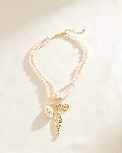 Gold Fish Necklace For Women Blued Beaded Strand Toggle Necklace With Gold Fish Pendants Dainty Summer Beach Turquoise Jewelry - style: Puka Shell