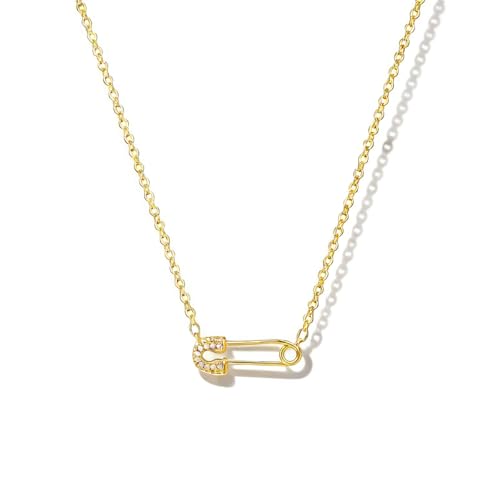 VRIUA Gold Necklace for Women - 14K Gold Plated Dainty Italian Horn Star of David Butterfly Bow Sun Lotus Volleyball Baseball Cowboy Boots Necklace Jewelry Everyday for Women - style: Safety Pin